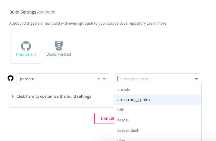 Dockerhub - Create Repository page focusing on the "Select Repository" dropdown menu