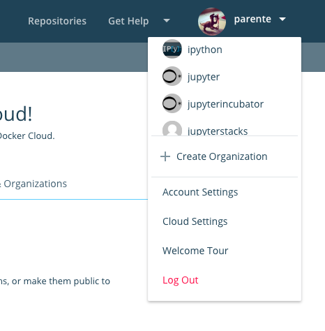 DockerHub page zoomed into the user's settings and accounts menu.