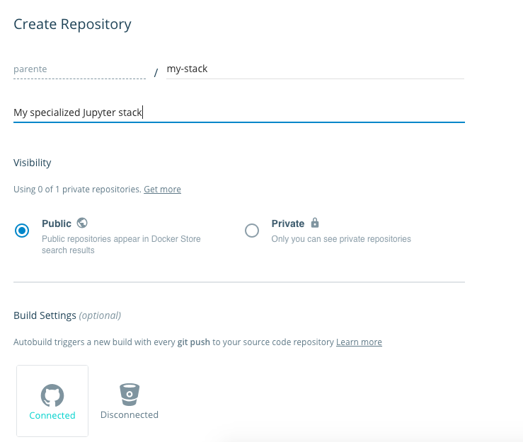 DockerHub - Create Repository page with the name field set to "My specialized jupyter stack"
