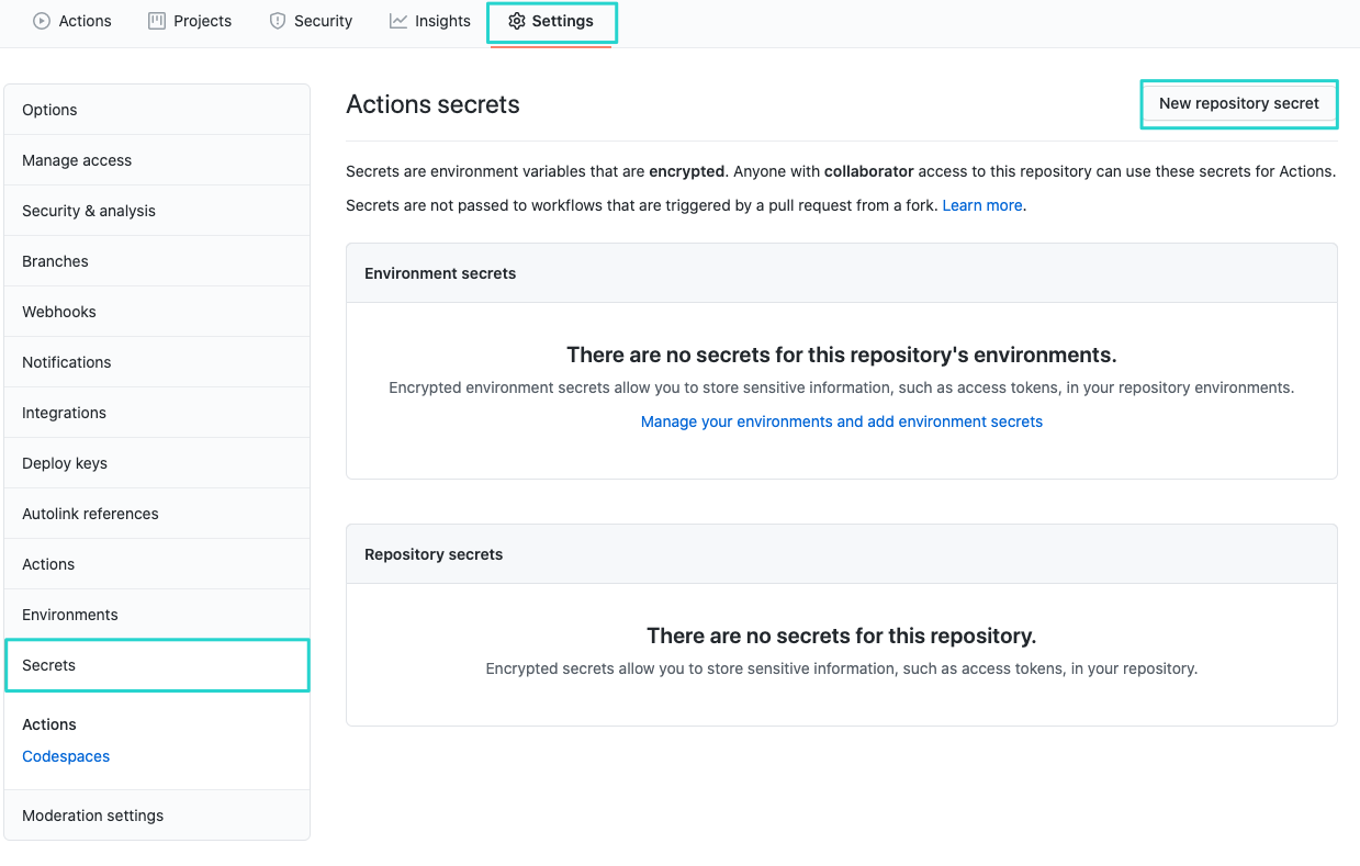 GitHub page with the the "Setting" tab active and a rectangle highlighting the "New repository secret" button in the UI