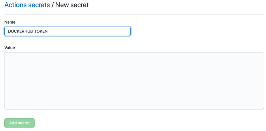 GitHub - Actions/New secret page with the Name field set to "DOCKERHUB_TOKEN"