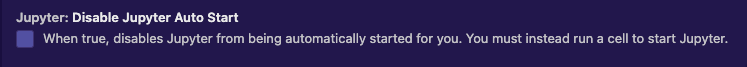 VSCode Preferences UI - Jupyter: Disable Jupyter Auto Start checkbox unchecked